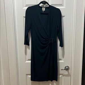 Anne Klein Blue/green Ruched Wrap Dress Long Sleeve